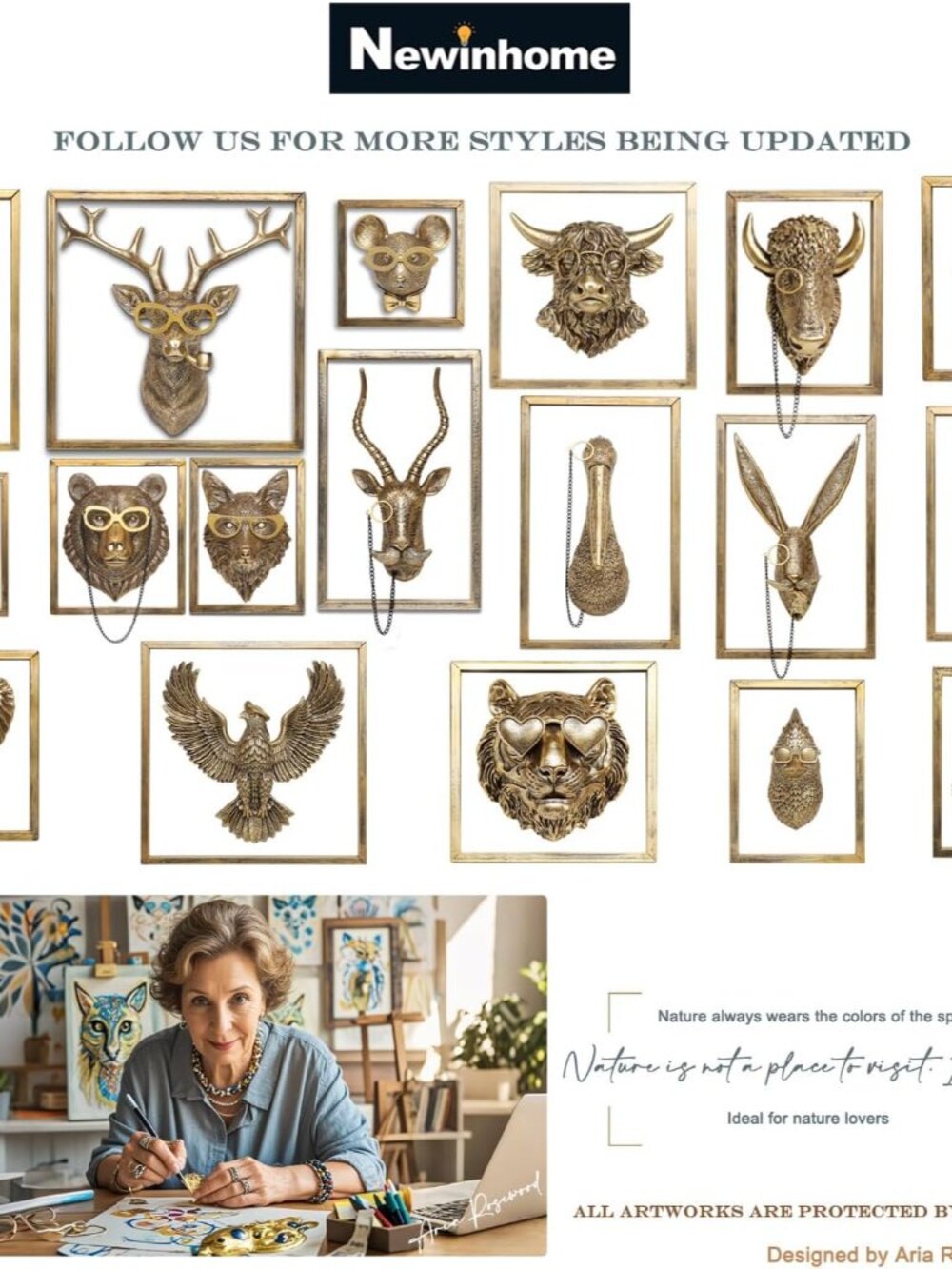 Animal Heads Wall Decor Includes Metal Frame Resin Animals Sculptures Head Wall - Picture 7 of 8